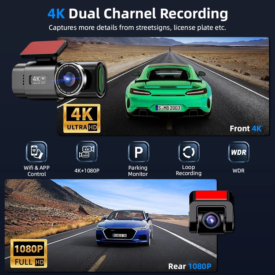 4K Dash Cam with WiFi & GPS - 24H Parking Monitor