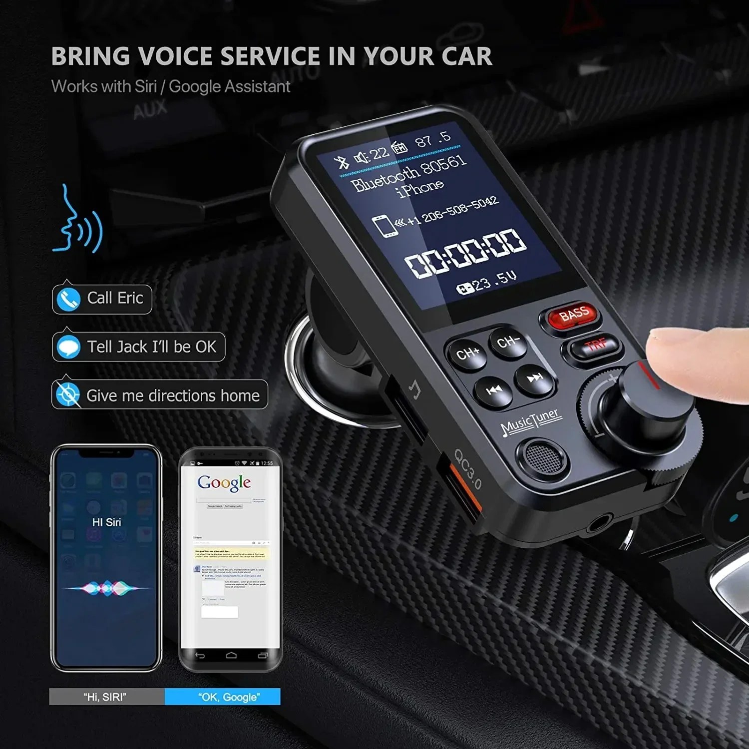 Bluetooth FM Transmitter - Hands-Free Car MP3 Adapter
