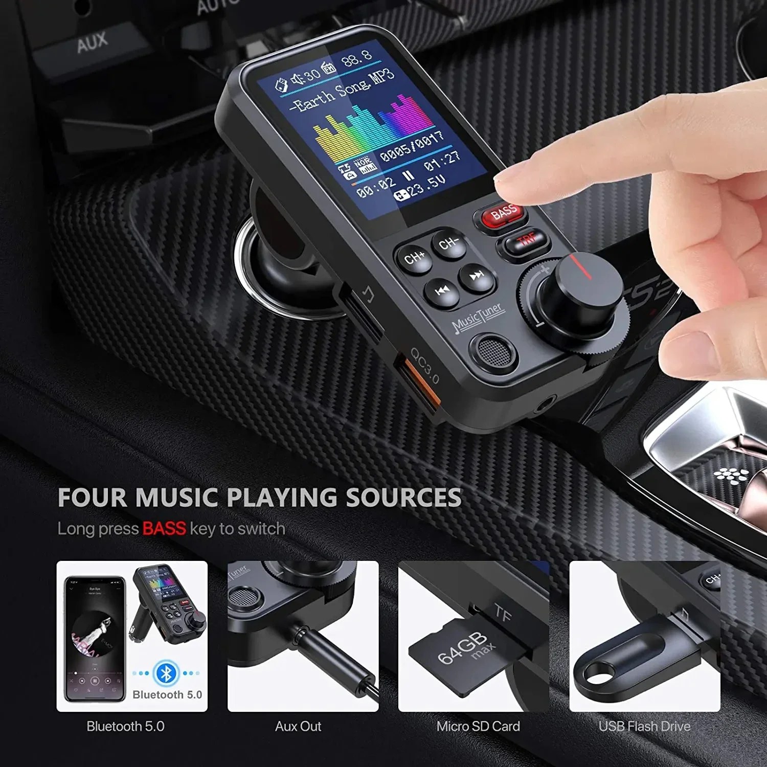 Bluetooth FM Transmitter - Hands-Free Car MP3 Adapter