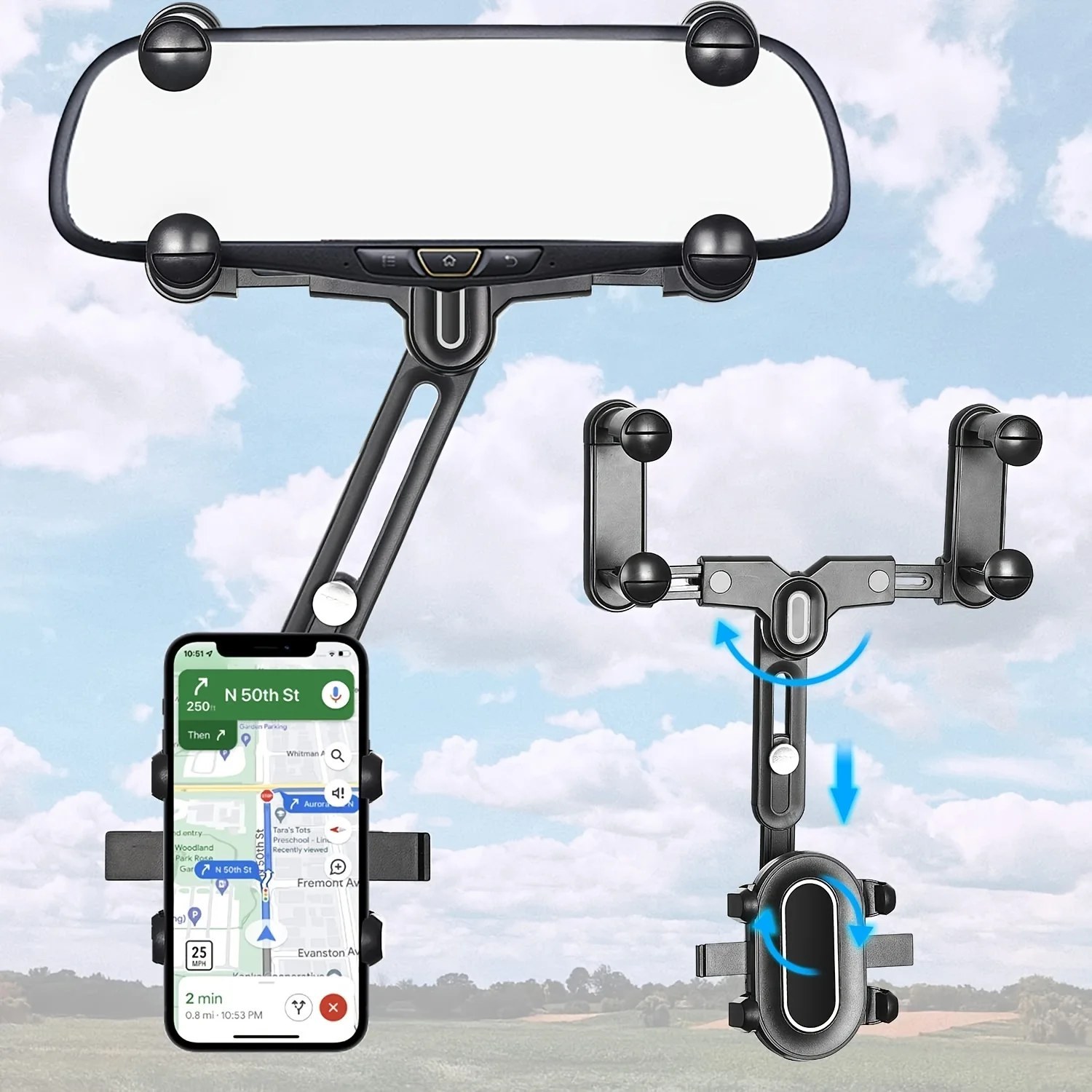 Rear View Mirror Phone Holder - Telescopic 360° Bracket